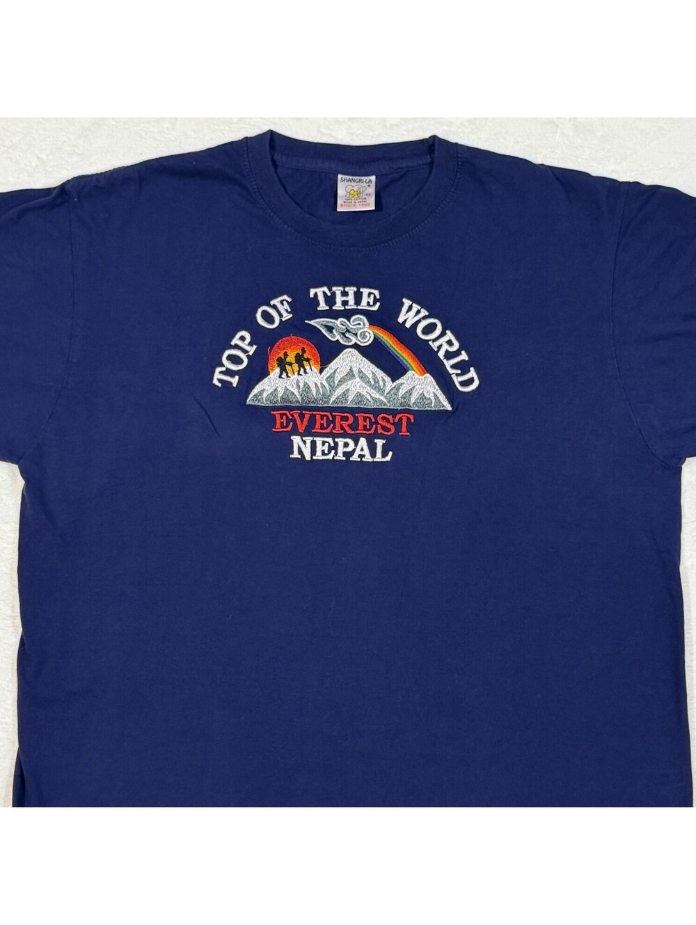 Vintage Everest Nepal “Top of the World” Embroidered T-Shirt | Medium Navy Blue